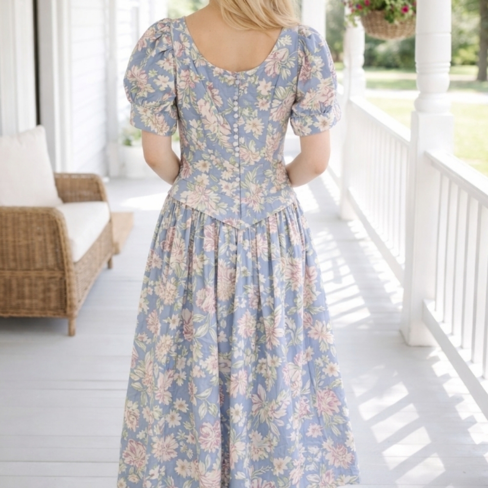 Vintage Laura Ashley Floral Puff Sleeve Dress Cottage Core Button Back